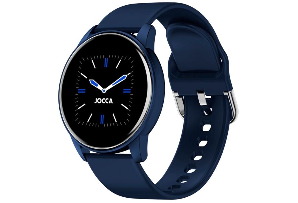 Smartwatch z okrągłą tarczą i niebieskim paskiem. Na tarczy widoczny jest napis \'JOCCA\' oraz wskazówki zegara.