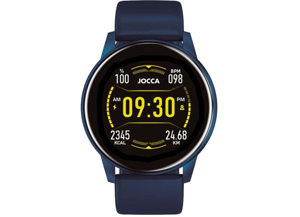 Smartwatch z niebieskim paskiem i okrągłym wyświetlaczem, na którym widoczna jest godzina 09:30 oraz dane: 100%, 098 BPM, 2345 KCAL, 24.68 KM. Na ekranie znajduje się logo \'JOCCA\'.