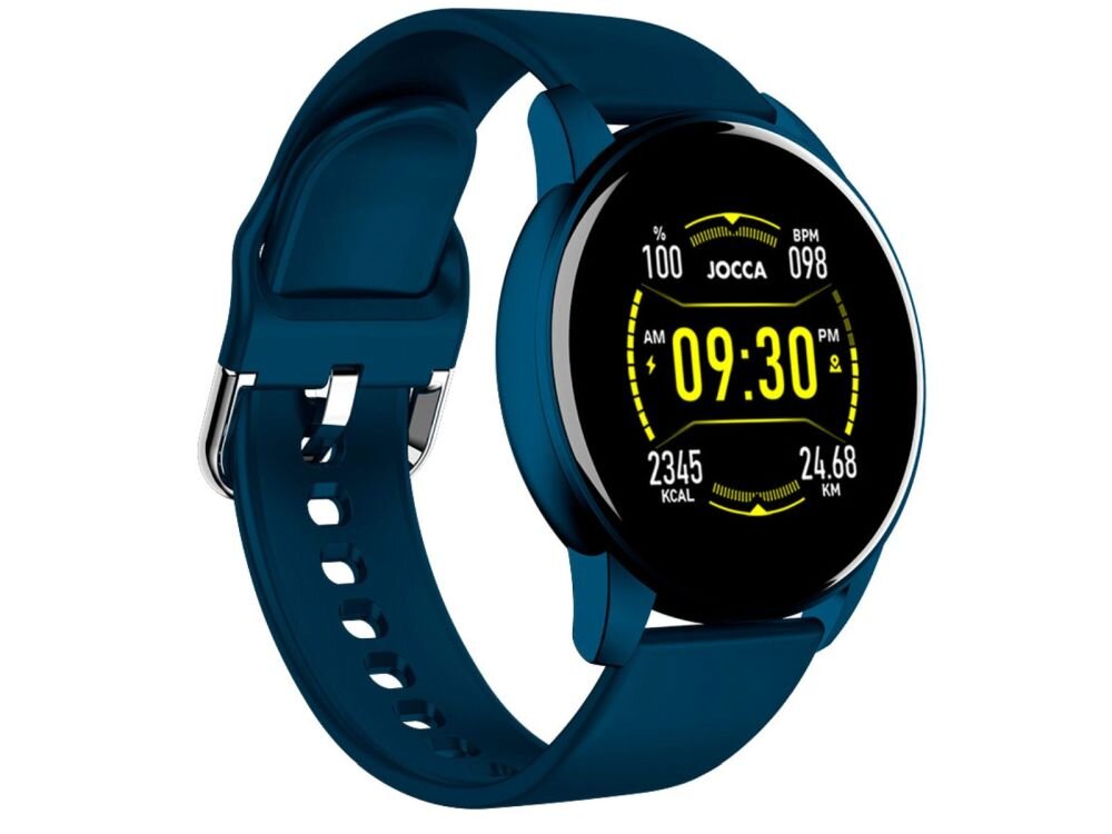 Smartwatch z niebieskim paskiem i okrągłym wyświetlaczem, na którym widoczna jest godzina 09:30 oraz dane: 100%, 098 BPM, 2345 KCAL, 24.68 KM. Na ekranie znajduje się logo \'JOCCA\'.