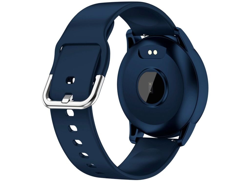 Niebieski smartwatch z okrągłą tarczą i silikonowym paskiem, widoczny od spodu z zapięciem na sprzączkę.