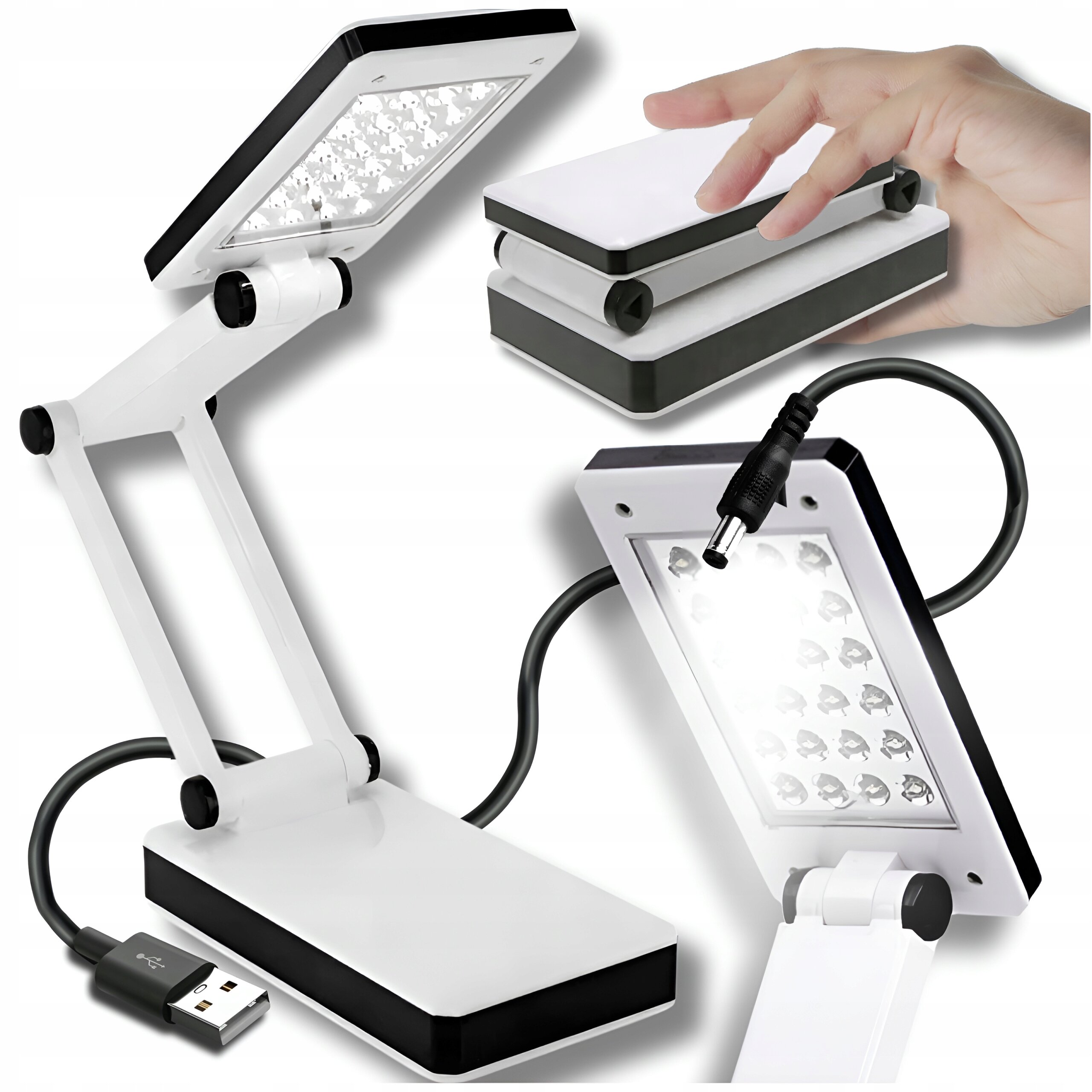 Biała, składana lampka biurkowa LED z akumulatorem, posiada regulowane ramię i jest zasilana przez kabel USB. Widoczna jest również ręka składająca lampkę oraz zbliżenie na świecące diody LED.