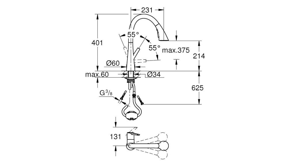 Schemat techniczny baterii z wymiarami: wysokość 625 mm, zasięg wylewki 231 mm, średnica otworu montażowego Ø34 mm. Widoczne kąty obrotu 55° oraz oznaczenie przyłącza G3/8.