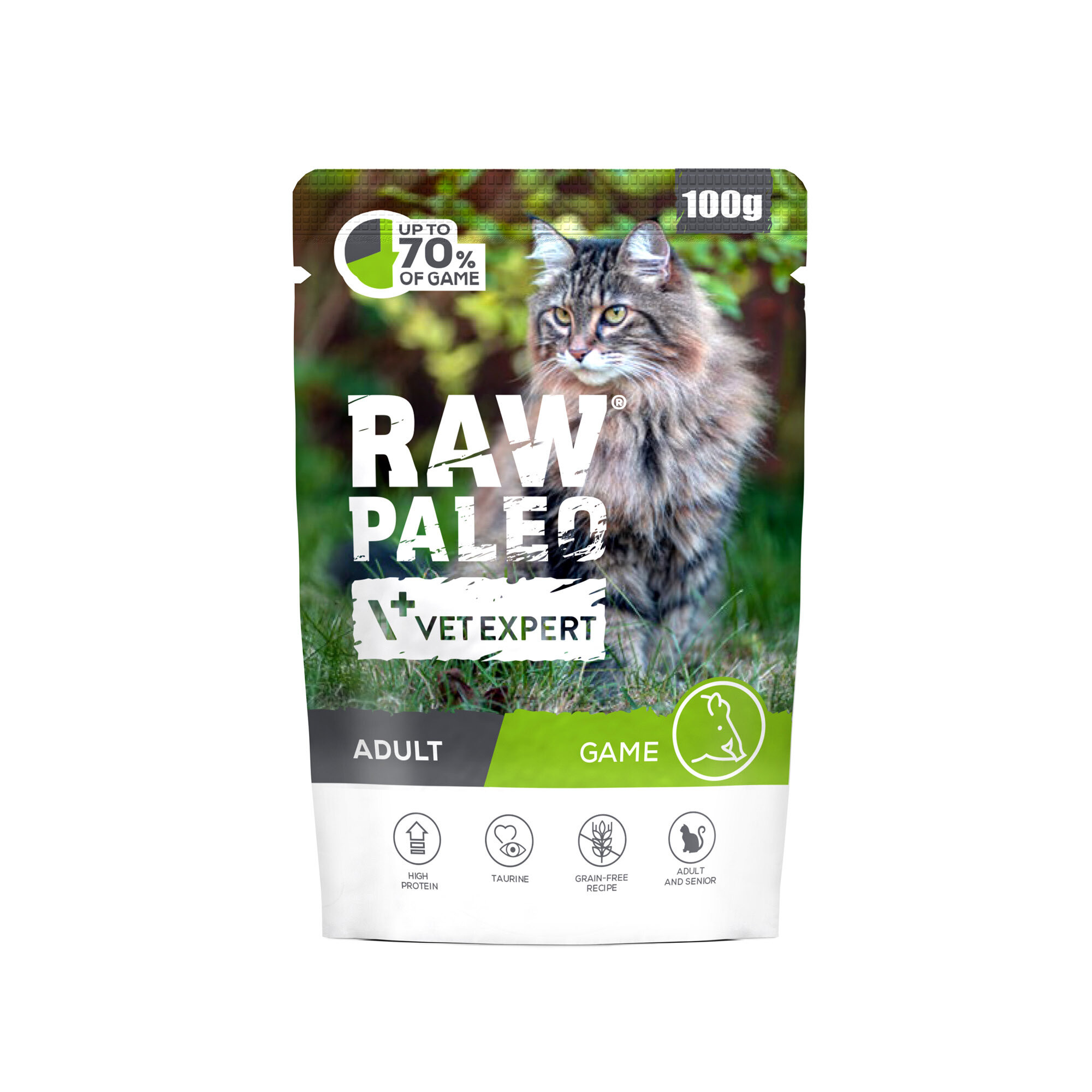 Opakowanie mokrej karmy dla kotów dorosłych z wizerunkiem kota na tle zieleni. Widoczny tekst: \'RAW PALEO VET EXPERT\', \'ADULT\', \'GAME\', \'100g\', \'UP TO 70% OF GAME\'.