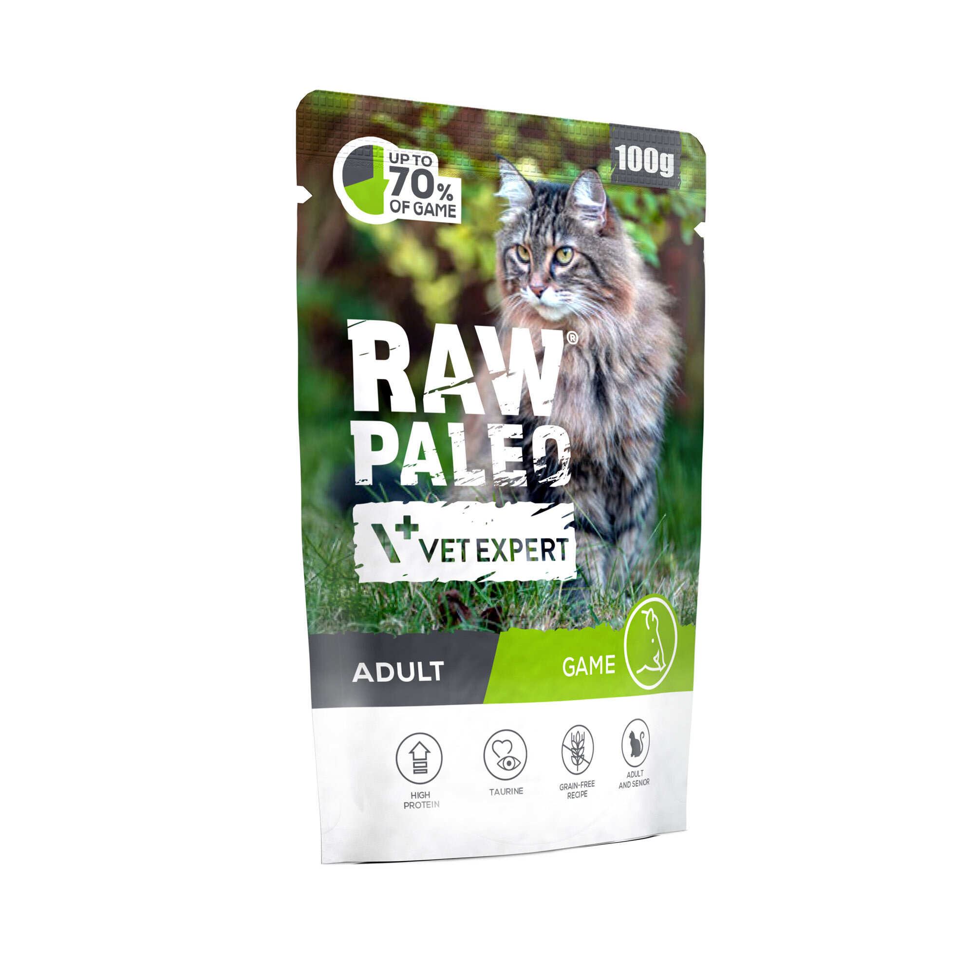 Opakowanie mokrej karmy dla kotów z wizerunkiem kota na tle zieleni. Widoczny tekst: \'RAW PALEO\', \'VET EXPERT\', \'ADULT\', \'GAME\', \'HIGH PROTEIN\', \'TAURINE\', \'GRAIN-FREE RECIPE\', \'ADULT AND SENIOR\', \'UP TO 70% OF GAME\', \'100g\'.