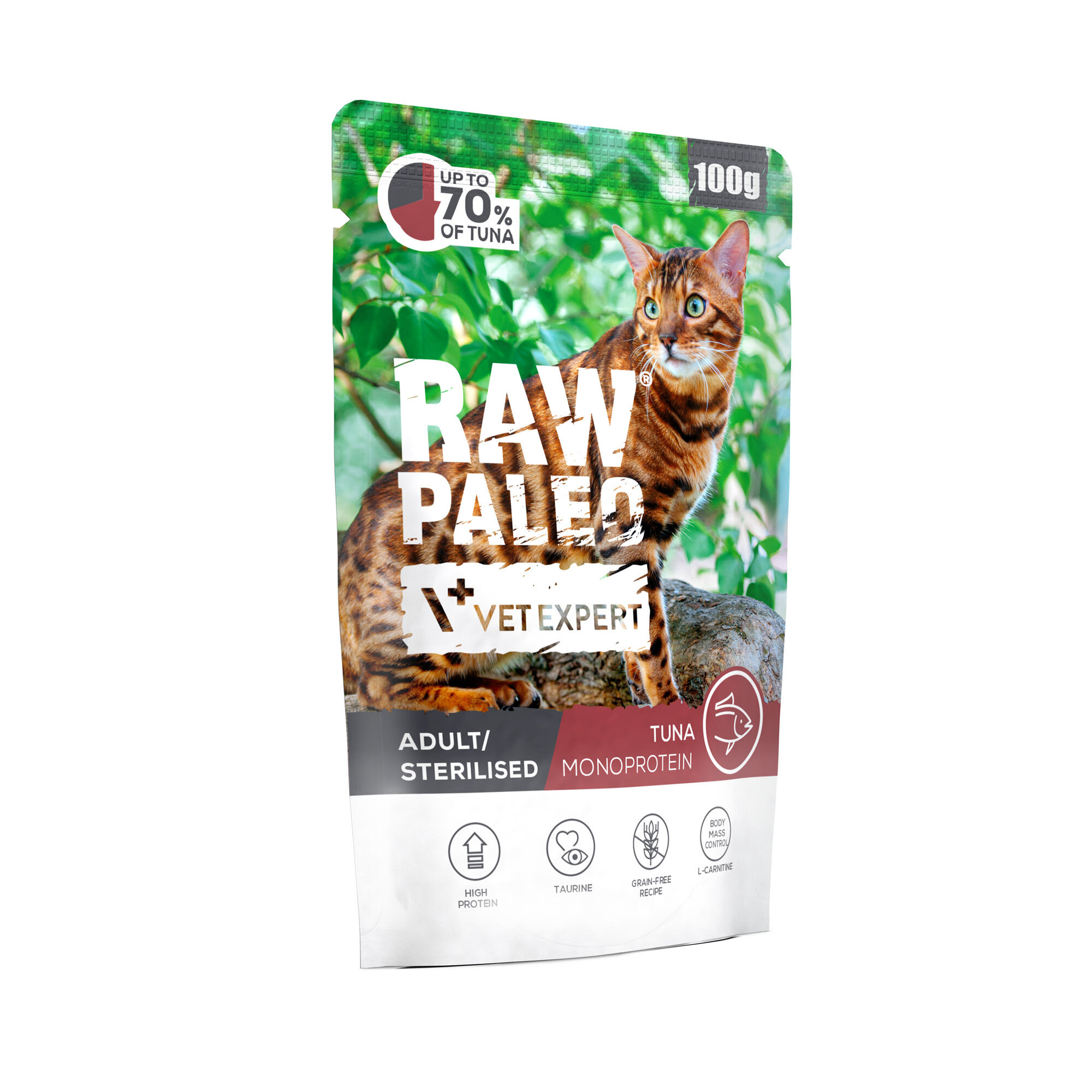 Opakowanie mokrej karmy dla kotów z napisem \'RAW PALEO VET EXPERT\' oraz \'ADULT/STERILISED TUNA MONOPROTEIN\'. Widoczny jest obraz kota na tle zieleni oraz ikony informujące o wysokiej zawartości białka, taurynie, braku zbóż i L-karnitynie.
