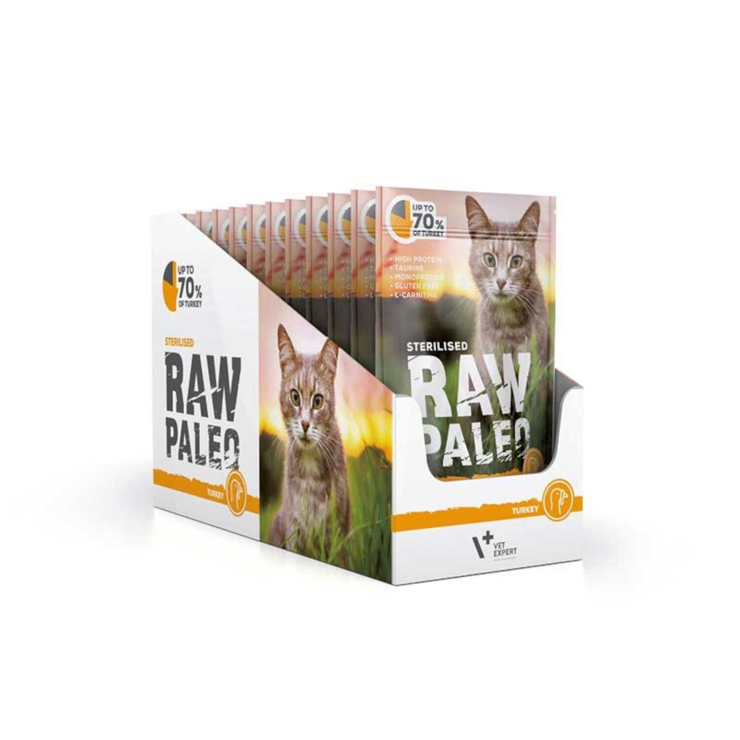 Opakowanie zbiorcze mokrej karmy dla kotów sterylizowanych marki RAW PALEO, z widocznym napisem \'STERILISED RAW PALEO\' oraz zdjęciem kota. Na opakowaniu znajduje się informacja \'UP TO 70% OF TURKEY\'.