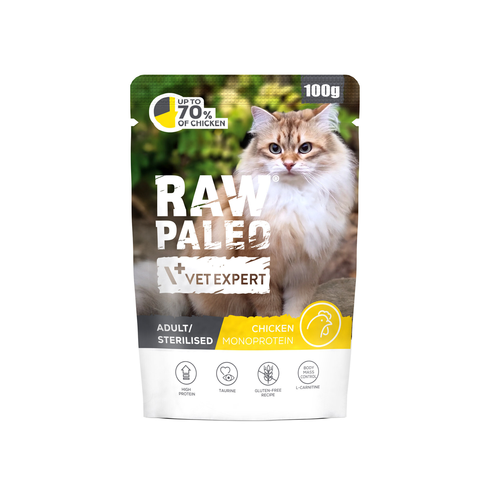 Opakowanie mokrej karmy dla kotów z napisem \'RAW PALEO VET EXPERT\'. Widoczny jest obraz kota oraz informacje o składzie: \'ADULT/STERILISED\', \'CHICKEN MONOPROTEIN\', \'UP TO 70% OF CHICKEN\'.