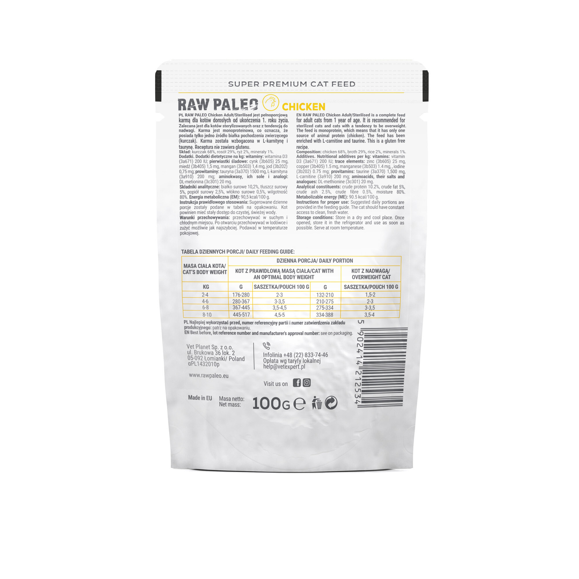Opakowanie mokrej karmy dla kotów RAW PALEO ADULT/STERILISED CAT CHICKEN 12x100g z widocznym tekstem informacyjnym i tabelą dziennych porcji. Na dole opakowania znajdują się dane kontaktowe producenta oraz symbole recyklingu.