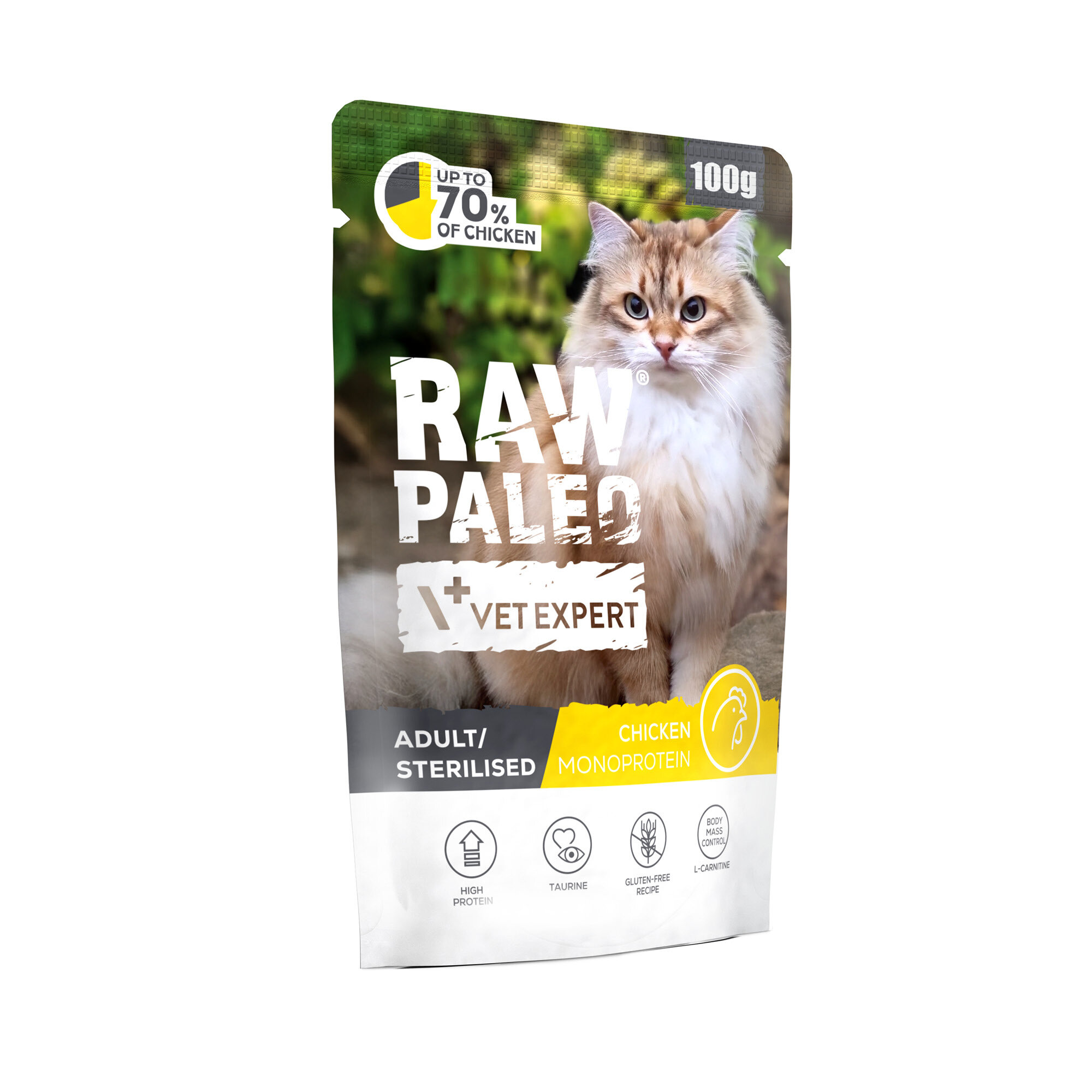 Opakowanie mokrej karmy dla kotów z wizerunkiem kota i napisami: \'RAW PALEO\', \'VET EXPERT\', \'ADULT/STERILISED\', \'CHICKEN MONOPROTEIN\'. Widoczne ikony z napisami: \'HIGH PROTEIN\', \'TAURINE\', \'GLUTEN-FREE RECIPE\', \'BIO MAST CELL\', \'L-CARNITINE\'.