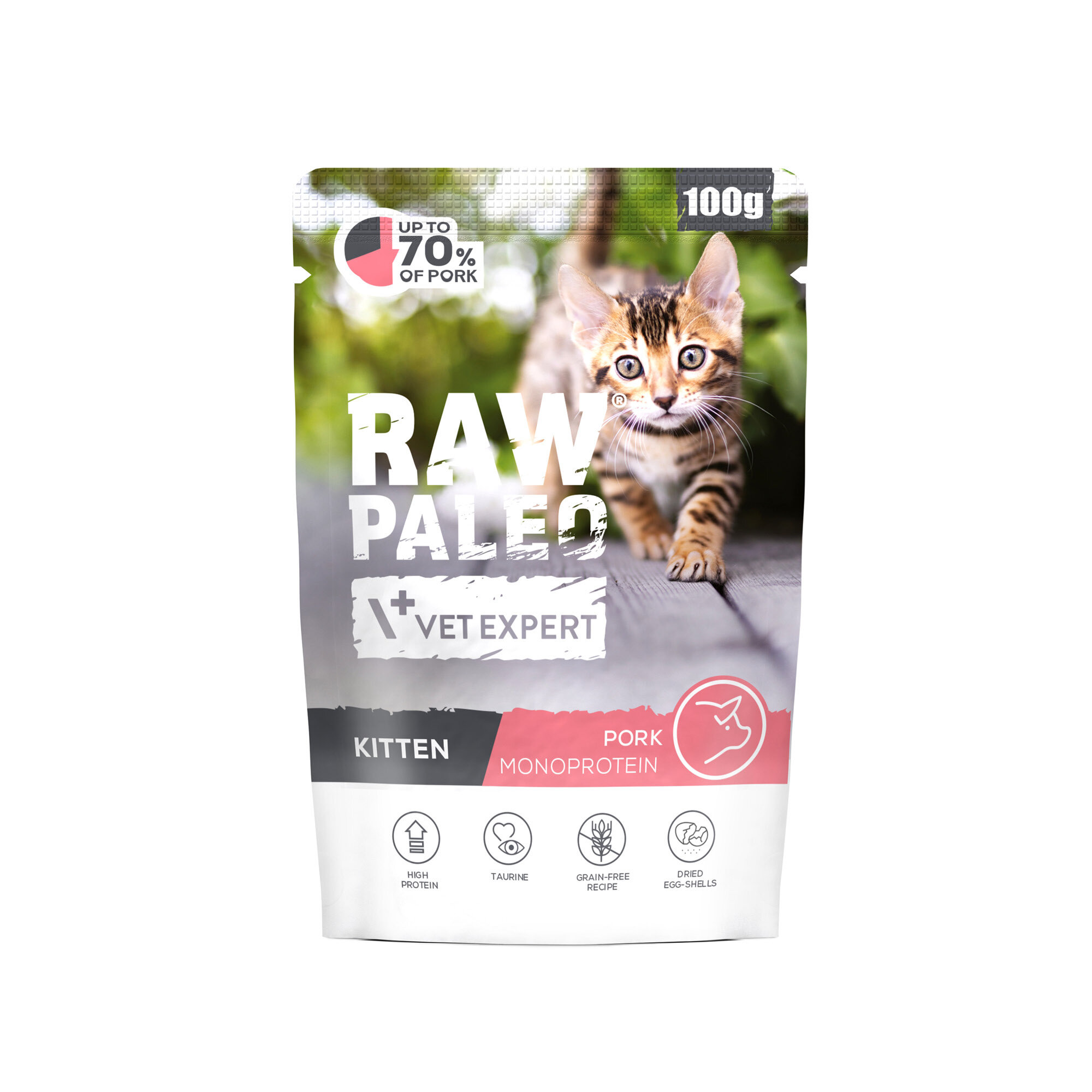 Opakowanie mokrej karmy dla kociąt z napisem \'RAW PALEO VET EXPERT\' oraz zdjęciem kociaka. Informacje na opakowaniu: \'UP TO 70% OF PORK\', \'100g\', \'KITTEN\', \'PORK MONOPROTEIN\'.