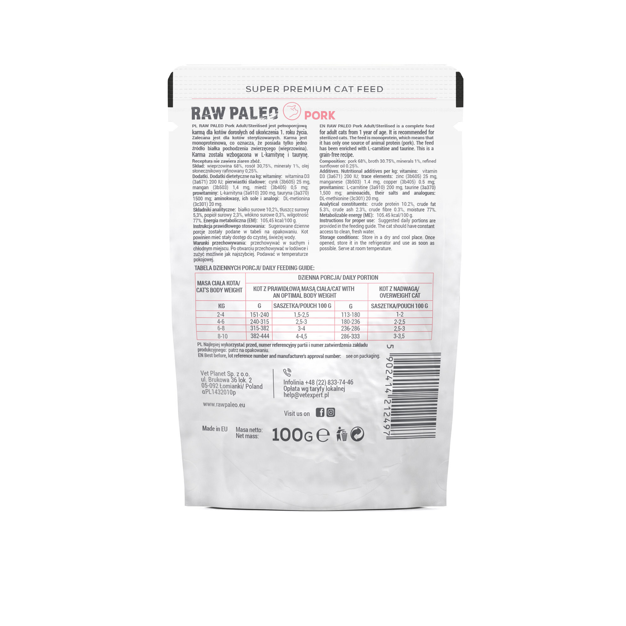 Opakowanie produktu RAW PALEO ADULT/STERILISED CAT PORK 12x100g z widocznym tekstem \'SUPER PREMIUM CAT FEED\' oraz szczegółowymi informacjami o składzie i zaleceniach żywieniowych. Na dole opakowania znajdują się dane kontaktowe producenta oraz symbole recyklingu.