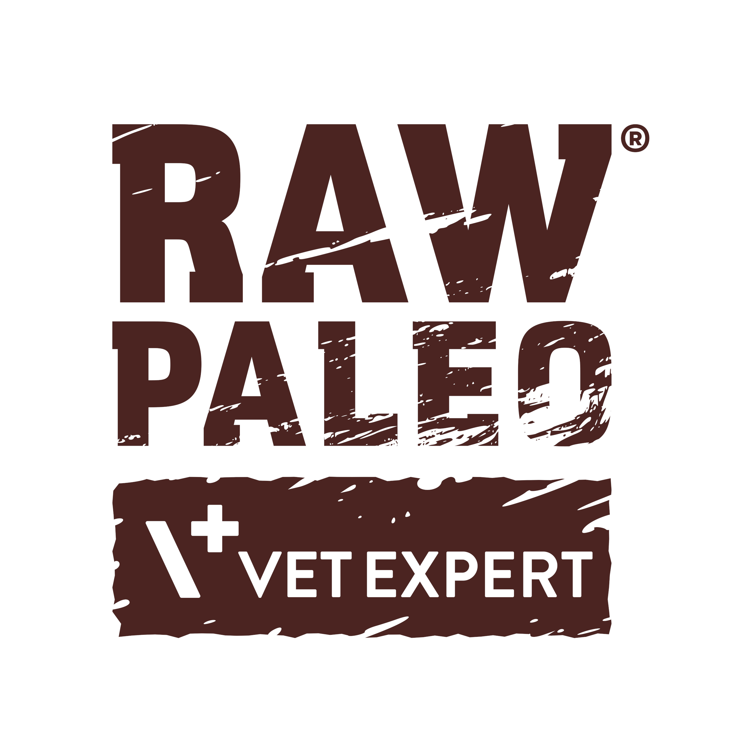 Logo z napisem \'RAW PALEO\' oraz \'VET EXPERT\' na brązowym tle z białymi literami.
