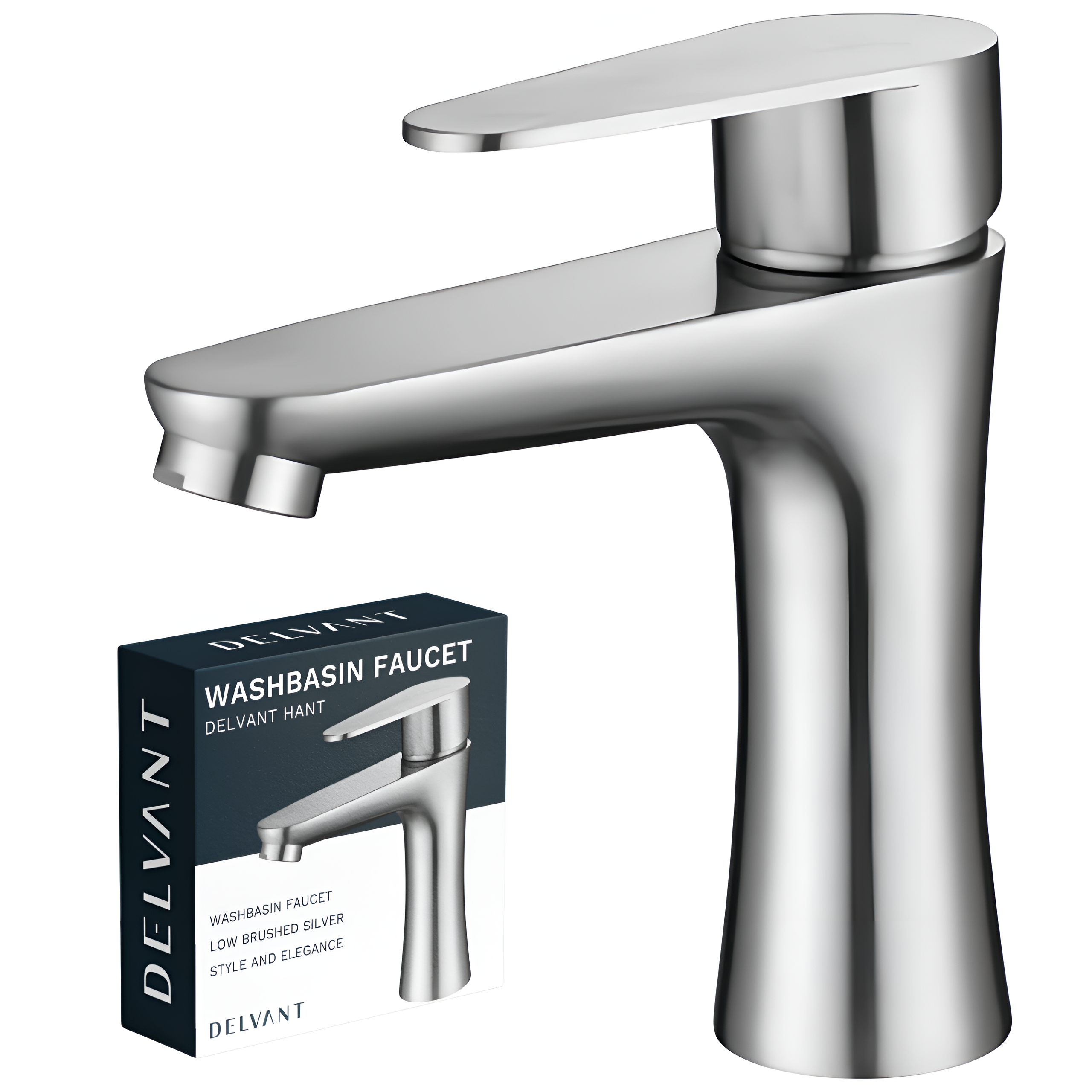 Na obrazie widoczna jest chromowana bateria umywalkowa o nowoczesnym designie. Obok znajduje się pudełko z napisem: \'WASHBASIN FAUCET DELVANT HANT LOW BRUSHED SILVER STYLE AND ELEGANCE\'.