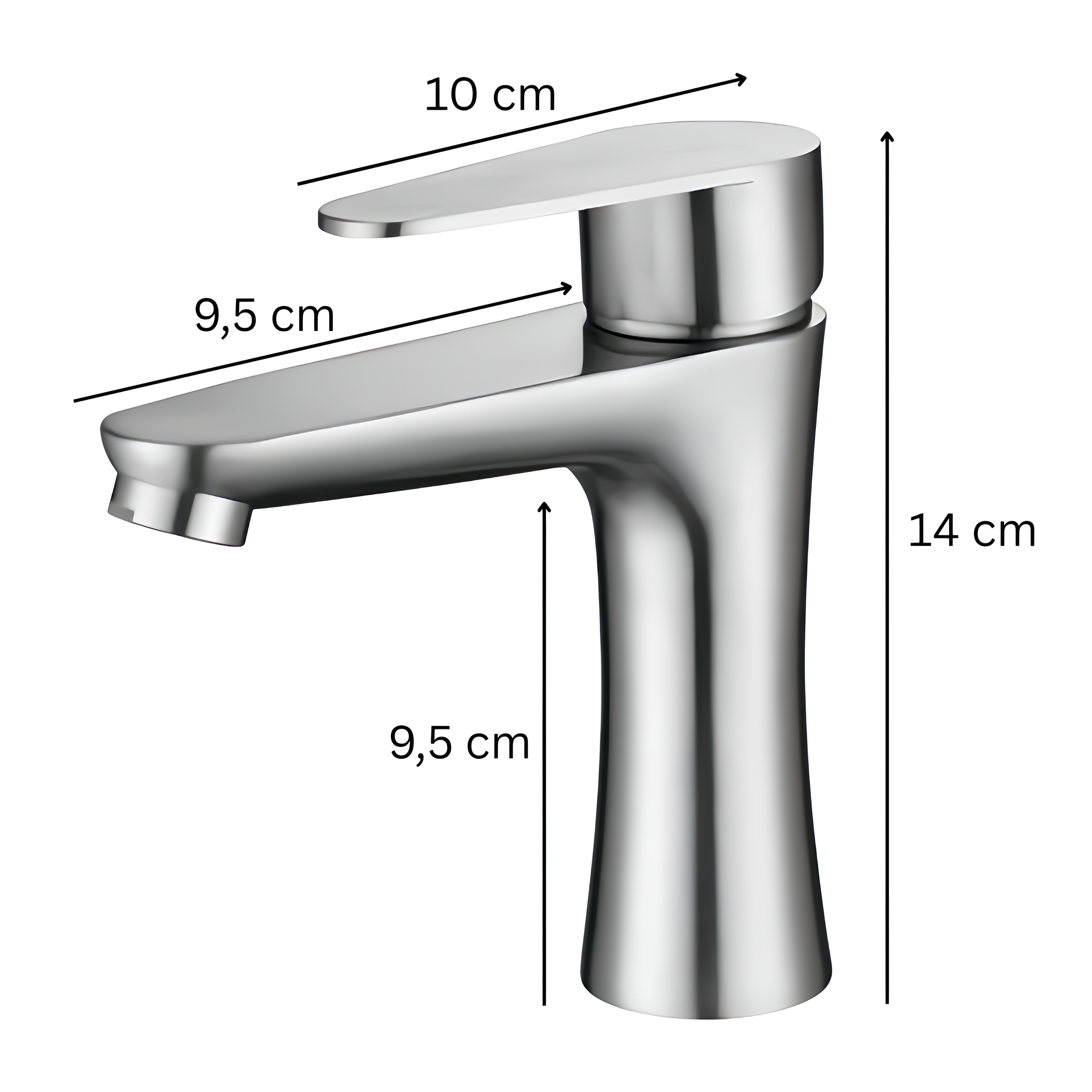 Chromowana bateria umywalkowa o wymiarach: wysokość 14 cm, długość wylewki 10 cm, szerokość podstawy 9,5 cm.