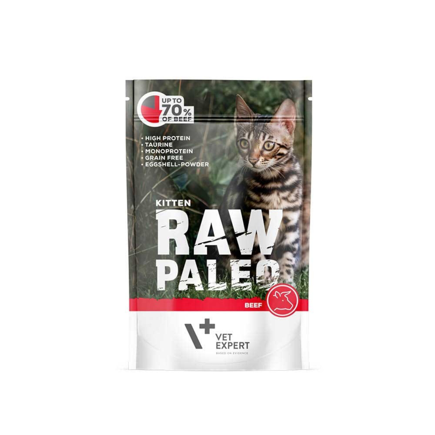 Opakowanie mokrej karmy dla kociąt z napisem \'RAW PALEO KITTEN BEEF\'. Widoczne są informacje: \'UP TO 70% OF BEEF\', \'HIGH PROTEIN\', \'TAURINE\', \'MONOPROTEIN\', \'GRAIN FREE\', \'EGGSHELL-POWDER\' oraz logo \'VET EXPERT\'.
