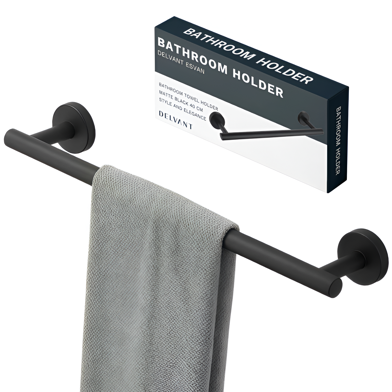 Czarny matowy wieszak łazienkowy na ręcznik z ręcznikiem zawieszonym na nim. Obok znajduje się pudełko z napisem: \'BATHROOM HOLDER DELVANT ESVAN BATHROOM TOWEL HOLDER MATTE BLACK 40 CM STYLE AND ELEGANCE\'.