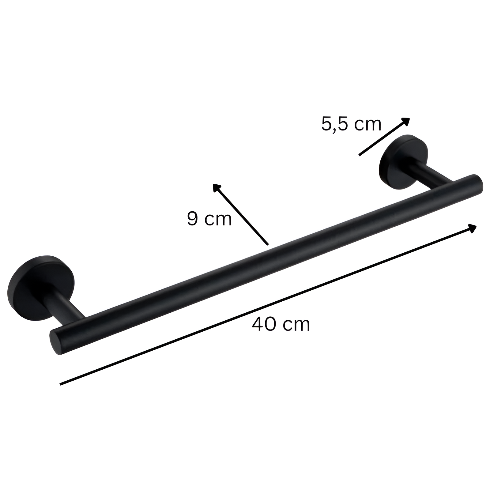 Czarny matowy wieszak łazienkowy na ręcznik o prostym kształcie z wymiarami: długość 40 cm, głębokość 9 cm, średnica mocowania 5,5 cm.