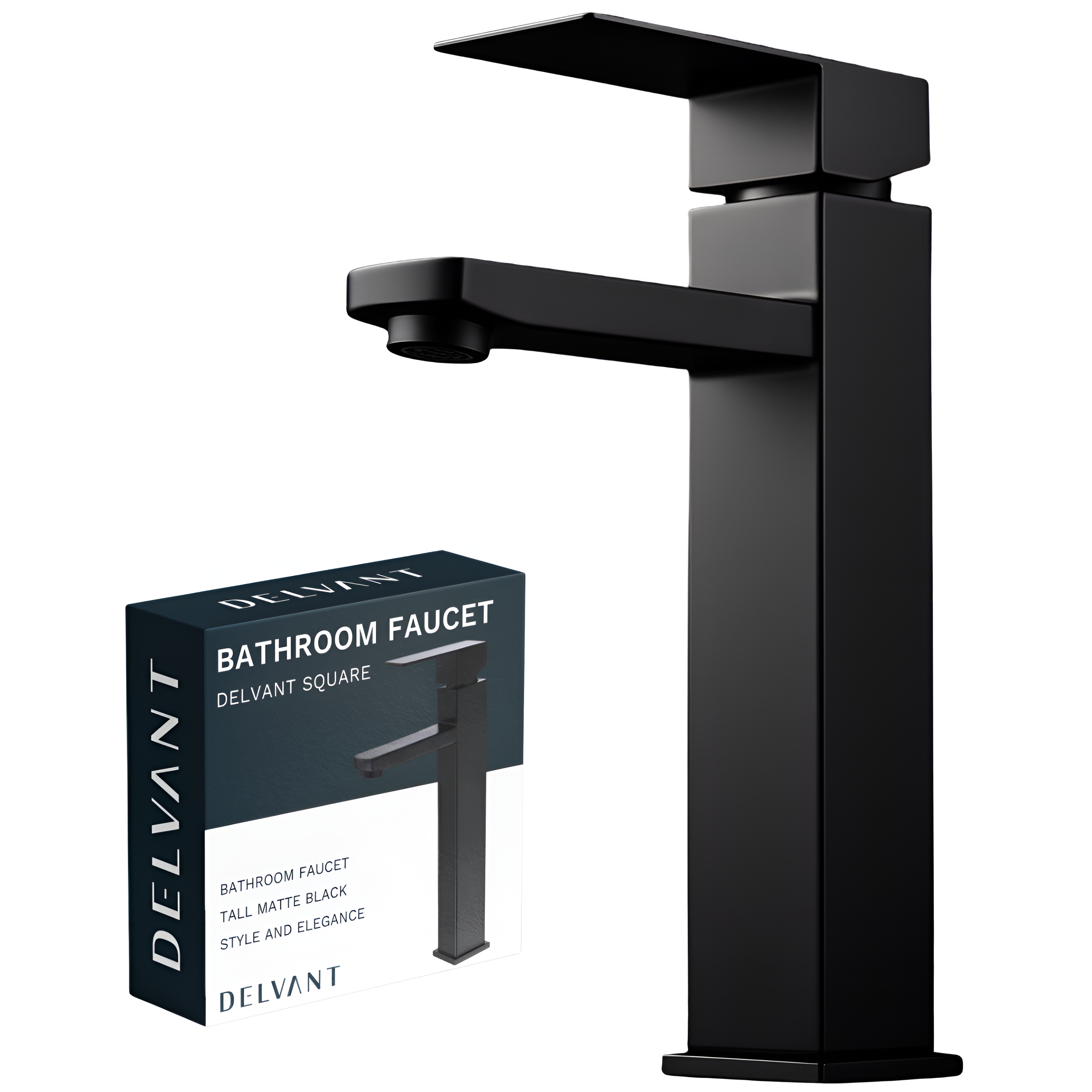 Czarna, wysoka bateria umywalkowa o kwadratowym kształcie. Obok znajduje się pudełko z napisem: \'BATHROOM FAUCET DELVANT SQUARE TALL MATTE BLACK STYLE AND ELEGANCE\'.
