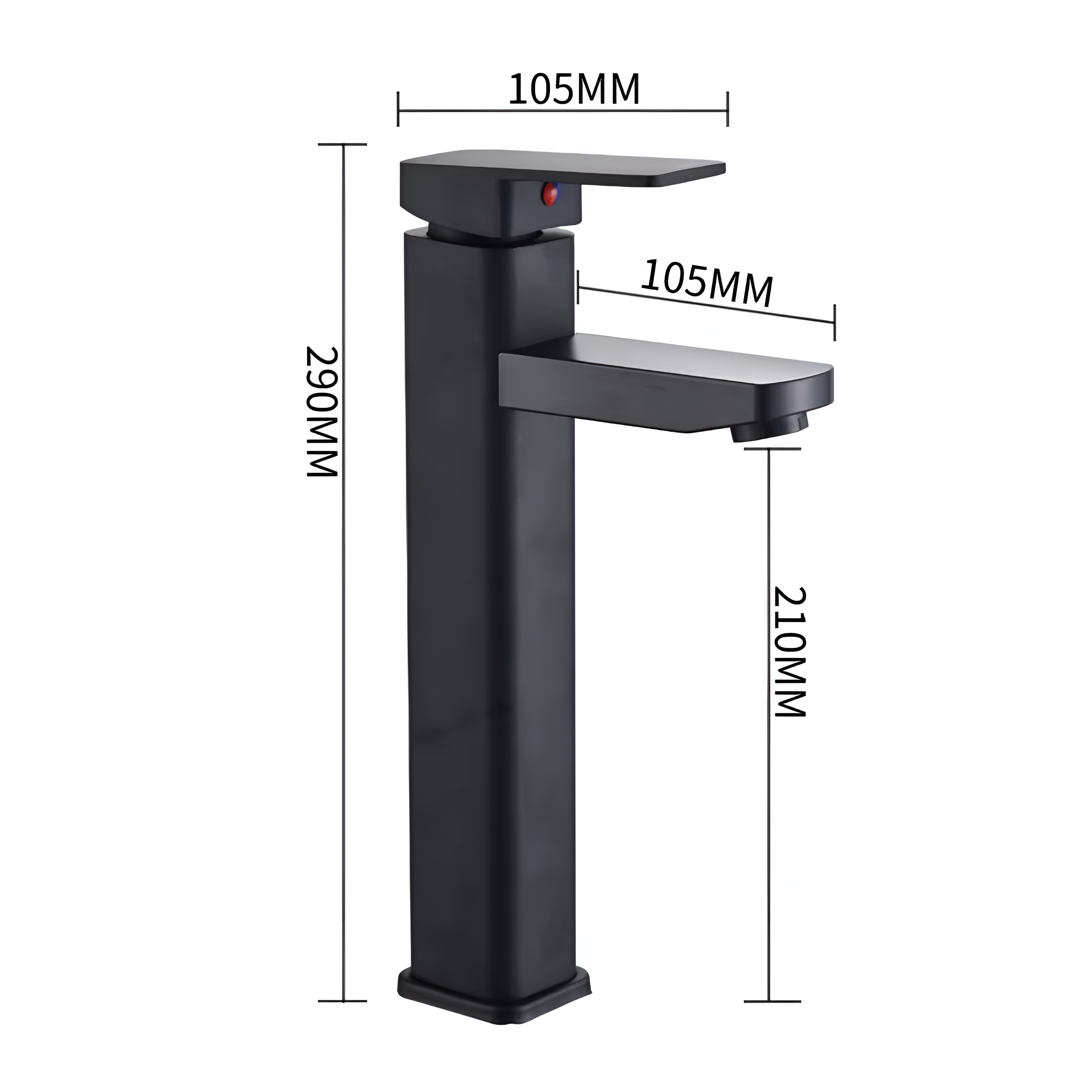 Czarna, wysoka bateria umywalkowa o prostokątnym kształcie z wymiarami: wysokość 290 mm, długość wylewki 210 mm, szerokość podstawy 105 mm.