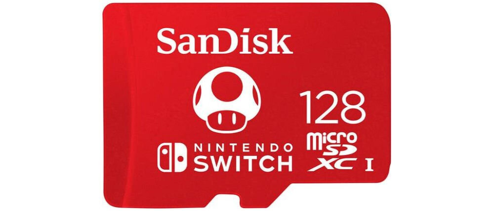 Czerwona karta pamięci z białymi napisami: \'SanDisk\', \'Nintendo SWITCH\', \'128\', \'microSDXC I\'. Widoczny jest również symbol grzybka z gry Nintendo.
