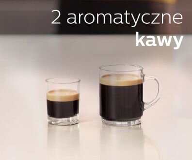 Na obrazie znajdują się dwa szklane kubki z czarną kawą, jeden mniejszy, drugi większy. W górnej części obrazu widnieje tekst: \'2 aromatyczne kawy\'.