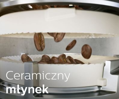Obraz przedstawia ceramiczny młynek z ziarnami kawy w ruchu. Widoczny jest tekst: \'Ceramiczny młynek\'.