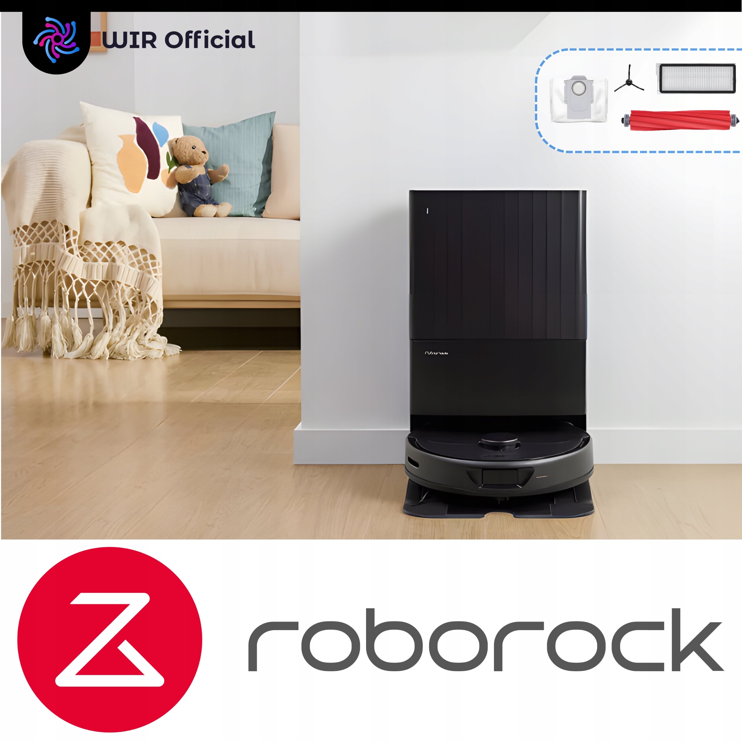 Na obrazie widoczny jest odkurzacz automatyczny z czarną stacją dokującą ustawiony na drewnianej podłodze. W dolnej części znajduje się logo \'roborock\', a w górnej napis \'WIR Official\'.