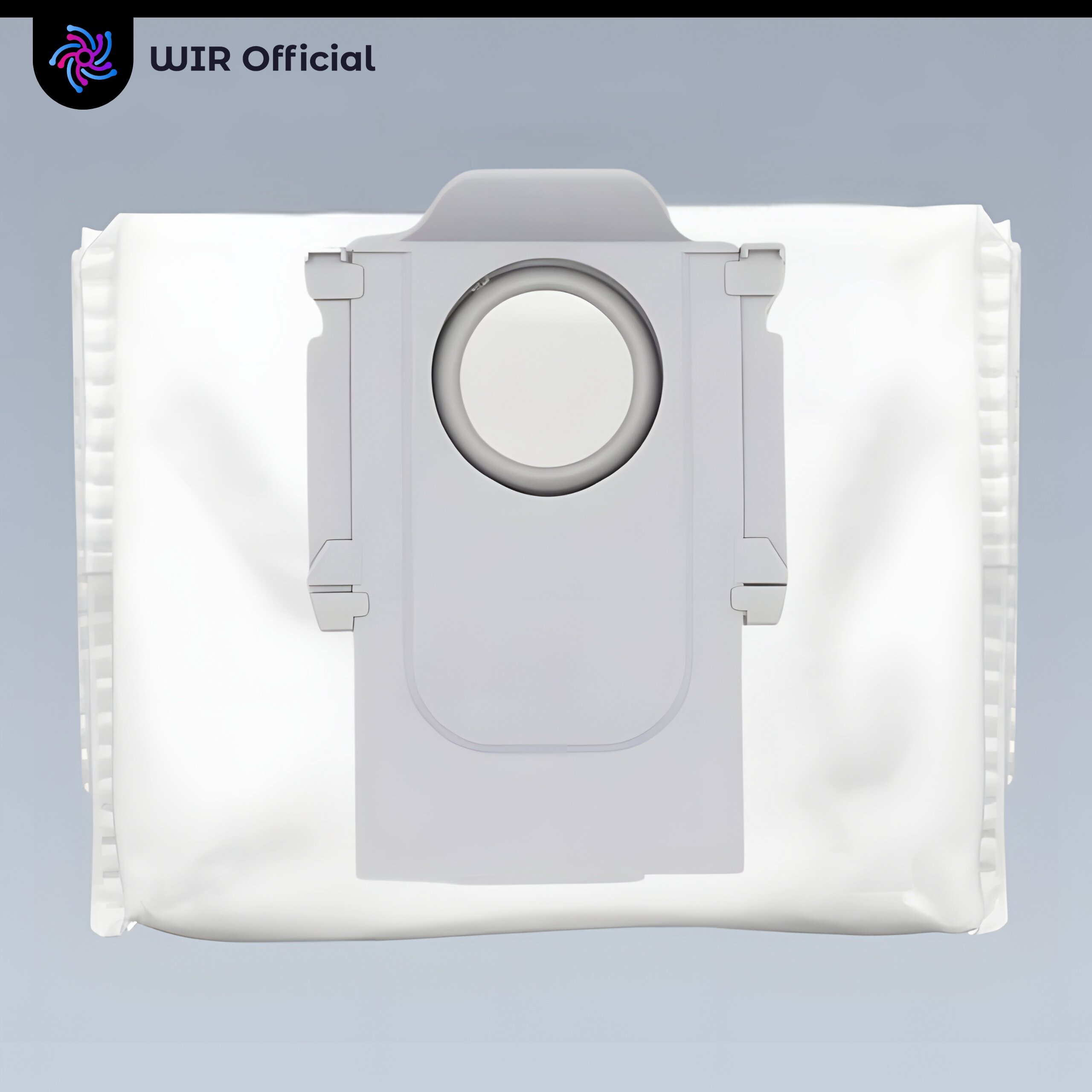 Na obrazie widoczny jest biały worek z szarym plastikowym elementem na środku. W lewym górnym rogu znajduje się logo z napisem \'WIR Official\'.