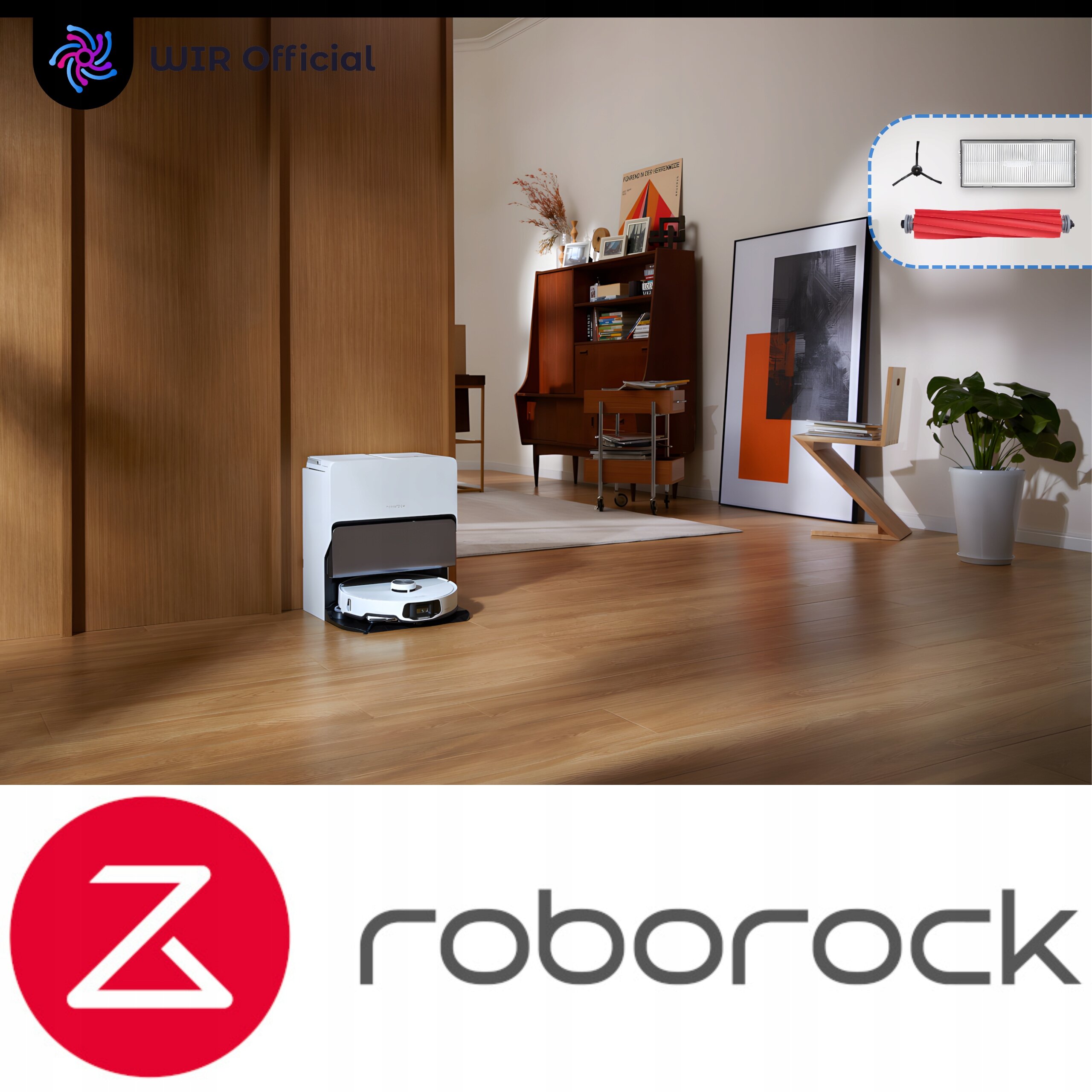W pomieszczeniu z drewnianą podłogą znajduje się robot sprzątający w stacji dokującej. Na dole widoczne jest logo \'roborock\'.