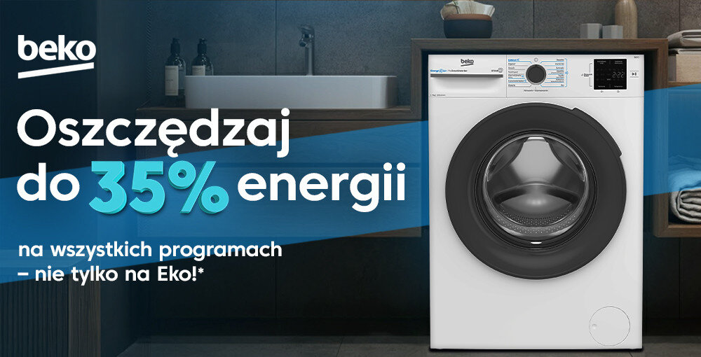 Na obrazie widoczna jest pralka z logo \'beko\' oraz tekst: \'Oszczędzaj do 35% energii na wszystkich programach – nie tylko na Eko!\'.