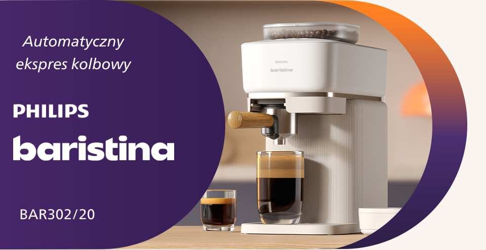Na obrazie znajduje się automatyczny ekspres kolbowy z napisem \'PHILIPS baristina\' oraz model \'BAR302/20\'. Obok ekspresu widoczne są dwie filiżanki z kawą.