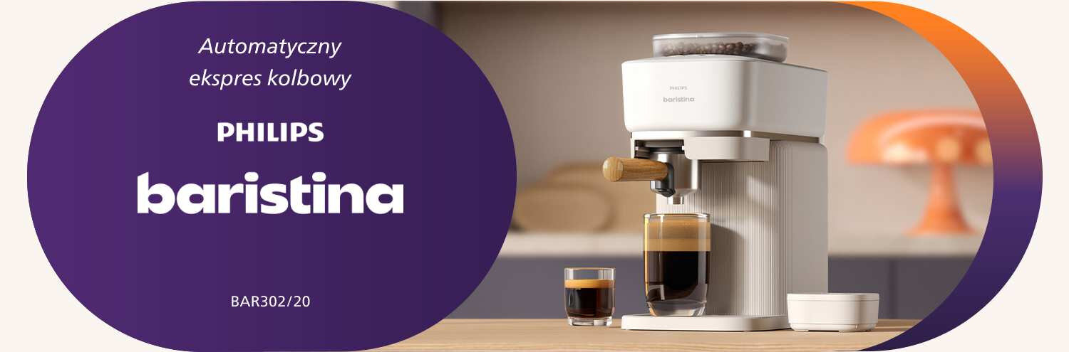 Obraz przedstawia ekspres do kawy z filiżanką kawy na blacie. Po lewej stronie widnieje napis: \'Automatyczny ekspres kolbowy PHILIPS baristina BAR302/20\'.