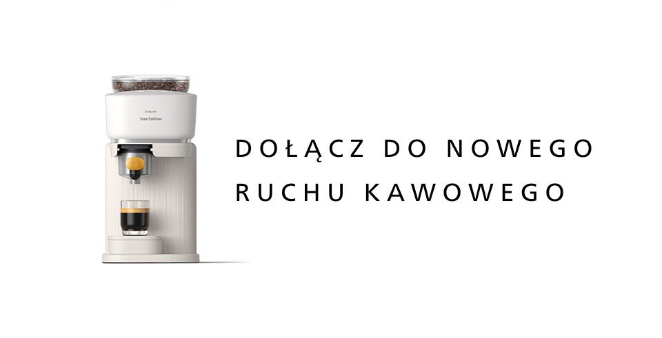 Na białym tle znajduje się ekspres do kawy z widocznym logo \'Philips baristina\'. Obok ekspresu widnieje tekst: \'DOŁĄCZ DO NOWEGO RUCHU KAWOWEGO\'.