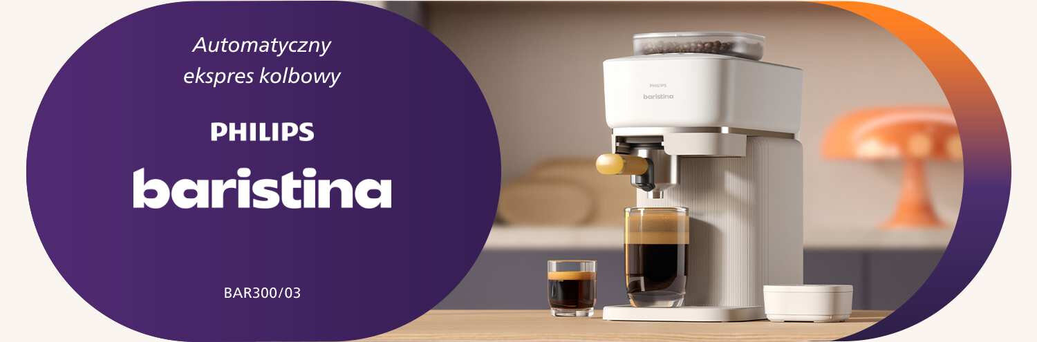 Obraz przedstawia automatyczny ekspres kolbowy PHILIPS baristina BAR300/03 z filiżanką kawy na blacie. Po lewej stronie widnieje napis: \'Automatyczny ekspres kolbowy PHILIPS baristina BAR300/03\'.