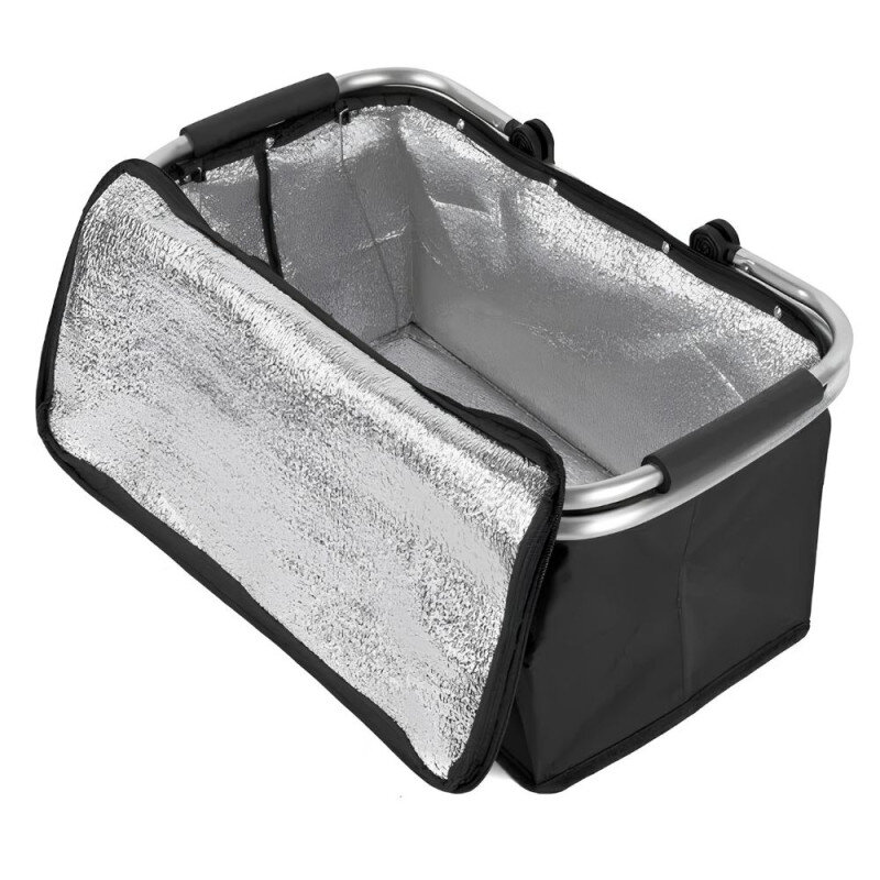 Czarna torba termiczna z aluminiowym uchwytem i srebrnym, izolującym wnętrzem. Torba jest otwarta, ukazując swoją pojemność i materiał izolacyjny.