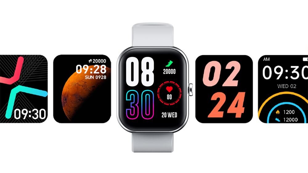 Obraz przedstawia smartwatch z różnymi tarczami wyświetlającymi godziny, daty i inne informacje, takie jak liczba kroków i tętno. Smartwatch ma prostokątny ekran i jasny pasek.