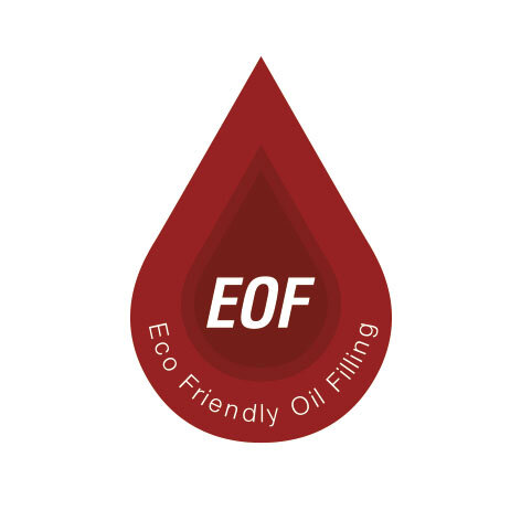 Czerwony symbol kropli z białym napisem \'EOF\' w środku. Wokół kropli znajduje się napis \'Eco Friendly Oil Filling\'.