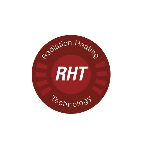 Czerwone koło z białym napisem \'RHT\' w środku, otoczone tekstem \'Radiation Heating Technology\'.