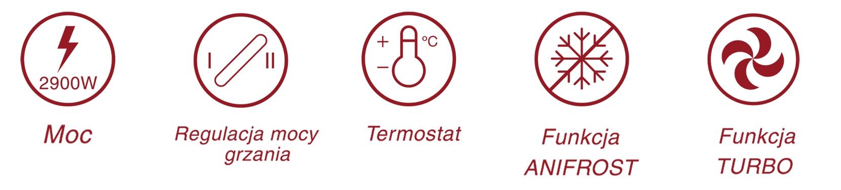 Pięć ikon przedstawiających funkcje grzejnika: Moc 2900W, Regulacja mocy grzania, Termostat, Funkcja ANIFROST, Funkcja TURBO.