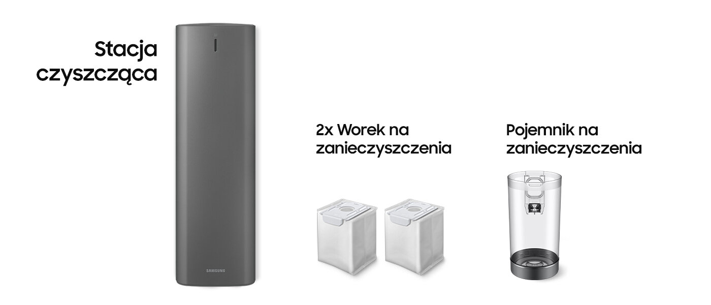Obraz przedstawia stację czyszczącą w kolorze szarym z logo \'SAMSUNG\' na dole. Obok znajdują się dwa worki na zanieczyszczenia oraz przezroczysty pojemnik na zanieczyszczenia, każdy z podpisem opisującym ich funkcję.