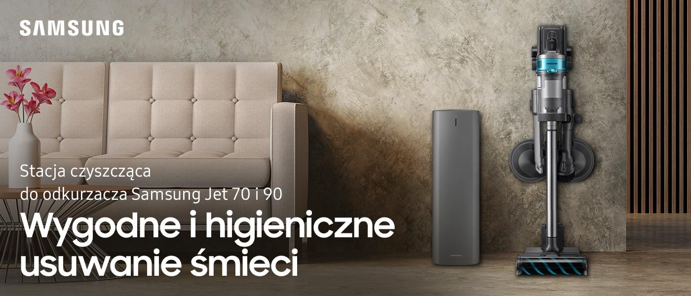 Obraz przedstawia stację czyszczącą do odkurzacza Samsung Jet 70 i 90 obok kanapy i wazonu z kwiatami. Na obrazie widoczny jest tekst: \'SAMSUNG Stacja czyszcząca do odkurzacza Samsung Jet 70 i 90 Wygodne i higieniczne usuwanie śmieci\'.