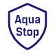 Ikona w kształcie tarczy z napisem \'Aqua Stop\' w kolorze granatowym.