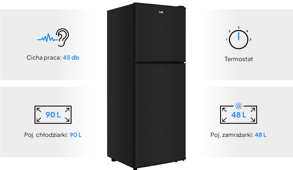 Czarna lodówka LIN z dwoma drzwiami, z logo LIN na górze. Obok znajdują się informacje: \'Cicha praca: 45 db\', \'Termostat\', \'Poj. chłodziarki: 90 L\', \'Poj. zamrażarki: 48 L\'.