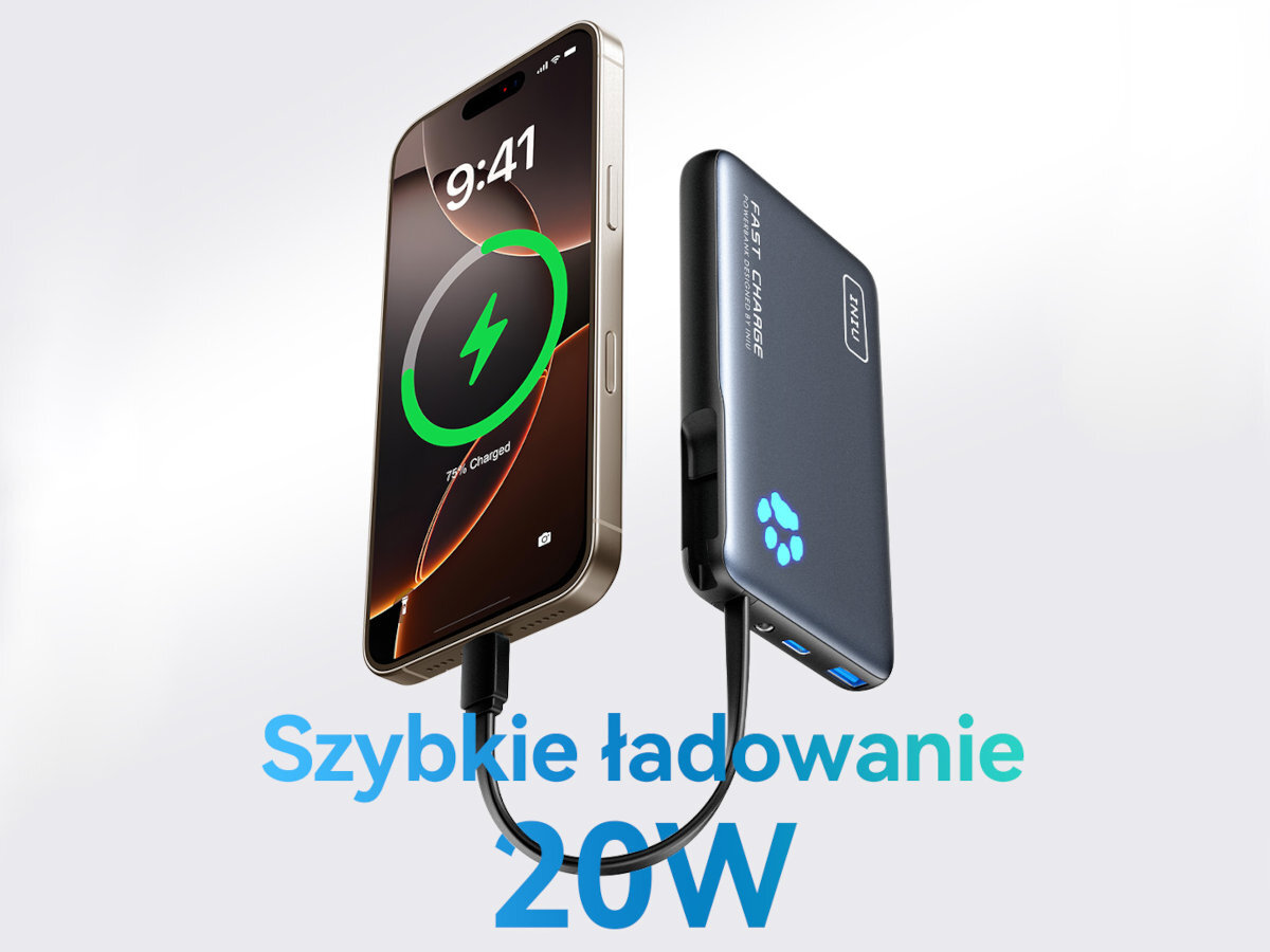 Na obrazie widoczny jest smartfon podłączony do czarnego powerbanku z napisem \'FAST CHARGE\' i logo \'INIU\'. Na dole znajduje się tekst \'Szybkie ładowanie 20W\'.
