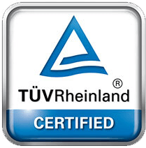 Kwadratowa ikona z logo TÜV Rheinland i napisem \'CERTIFIED\' na niebieskim tle u dołu.