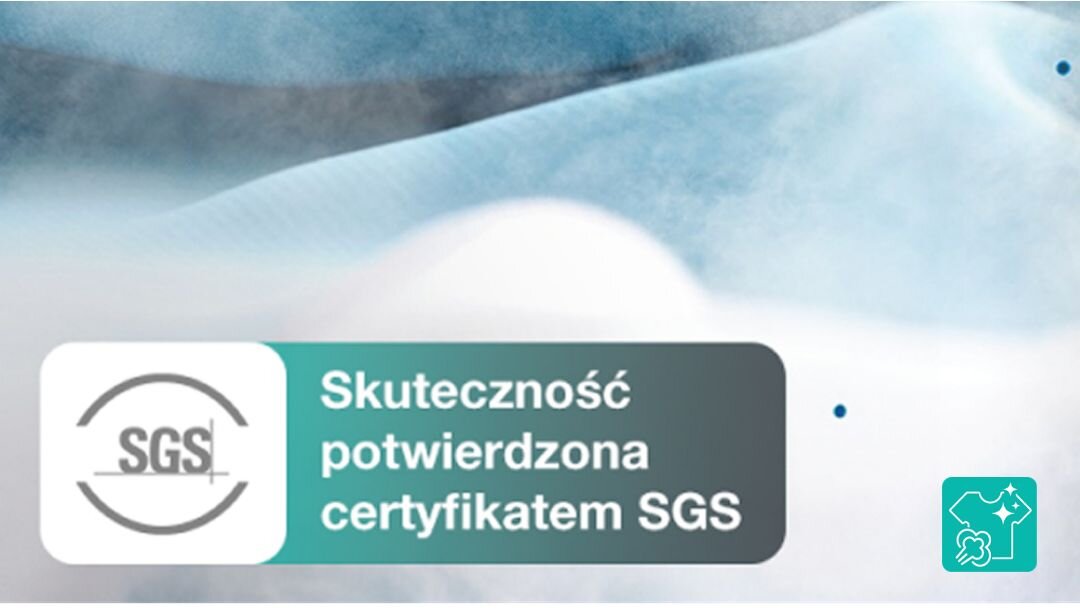 Obraz przedstawia napis \'Skuteczność potwierdzona certyfikatem SGS\' obok logo SGS na tle piany. W prawym dolnym rogu znajduje się ikona koszulki z gwiazdką i symbolem prania.