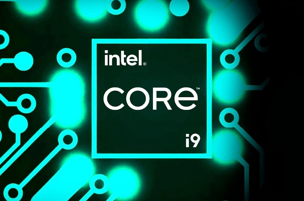Obraz przedstawia logo \'intel CORE i9\' na tle stylizowanym na układ elektroniczny z jasnymi, niebiesko-zielonymi elementami.