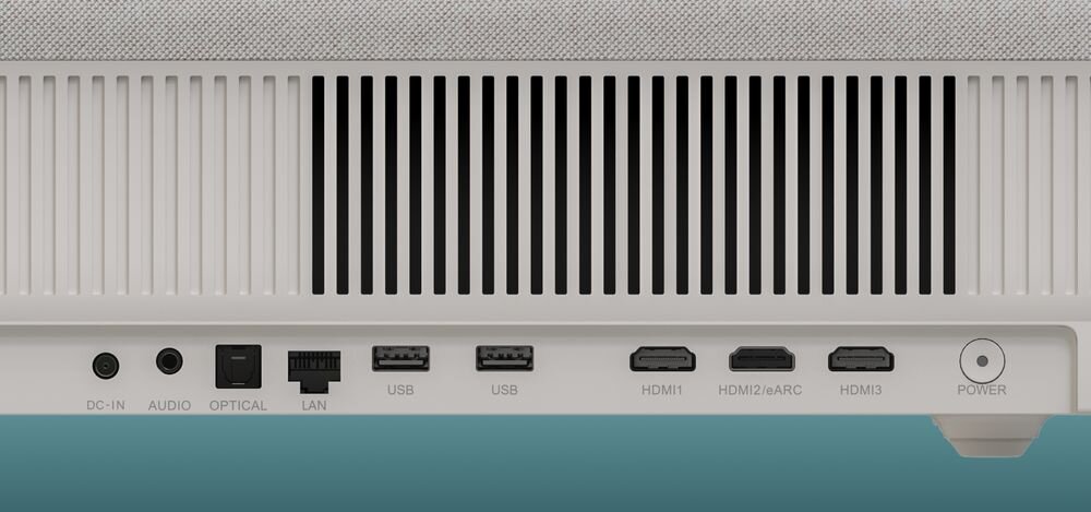 Projektor laserowy XGIMI Mira, DC, AUDIO, OPTICAL, LAN, USB, HDMI eARC, HDMI, złącza projektora