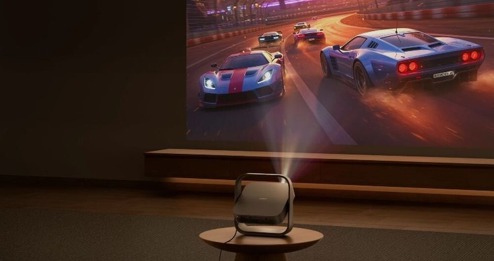 Projektor laserowy XGIMI Elfin Flip 4K, opóźnienie wejściowe 1 ms, gaming, projektor stojący na stoliku wyświetlający obraz na ścianie
