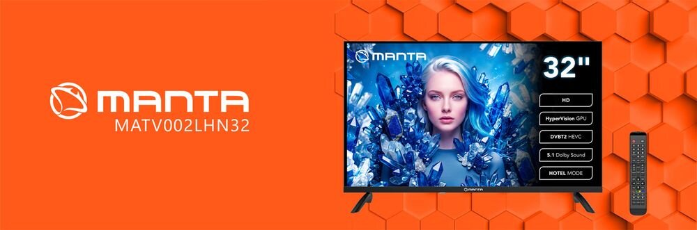 Telewizor MANTA MATV002LHN32 telewizor LED HD tuner DVB-T2 HEVC codzienne oglądanie, telewizor od frontu na pomarańczowym tle